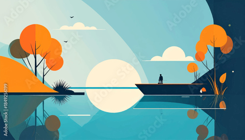 Flat, serene view of a person fishing in a boat at sunset with trees