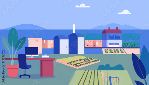Flat, stylized scene of a desk inside overlooking a farm & factory under a blue sky with mountains