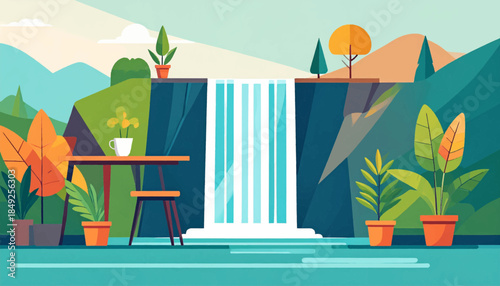 Flat, stylized landscape with waterfall, plants, and furniture; calm
