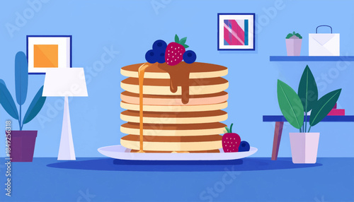 Flat, stylized scene of a stack of pancakes with syrup and berries on a plate in a room setting