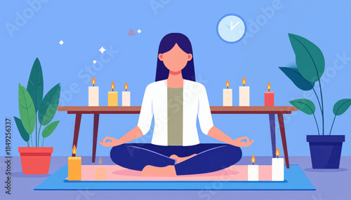 Flat vector art a figure meditates with candles, clock, and plants in the background