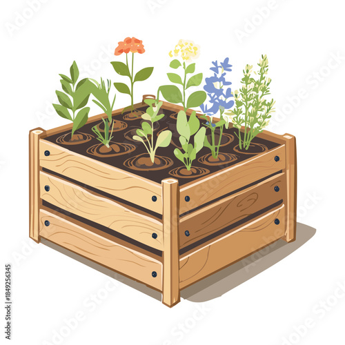 Raised Garden Bed with Young Vegetable Sprouts and Blooming Flowers Garden Plants