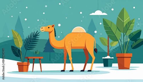 Flat vector art of a camel standing amidst stylized plants and snowy, mountain landscape
