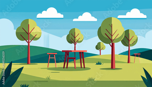 Flat vector art of a park with tables, chairs, trees, grass, sky, and clouds