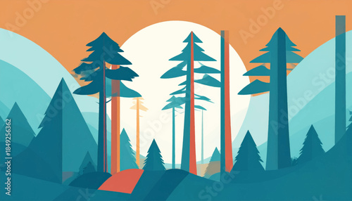 Flat vector forest scene with overlapping shapes, pines, mountains, and orange sun