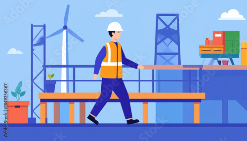 Flat vector illustration depicting a worker walking at an industrial site with wind turbine and stacked containers