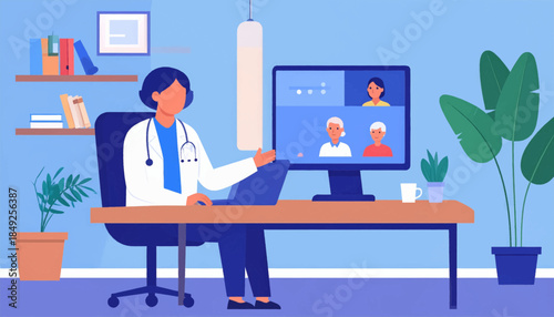 Flat vector illustration of a doctor attending a video conference with multiple patients in a room with plants