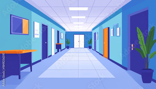Flat vector illustration of a hospital hallway with light-blue walls and navy doors