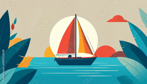 Flat-style artwork shows a sailboat sailing on water with stylized foliage against a bright, sunny background