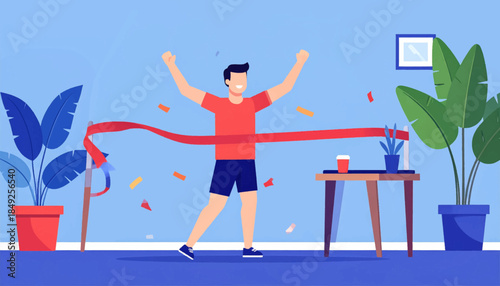 Flat-style cartoon of a man crossing a finish line, raising arms in victory in a decorated room