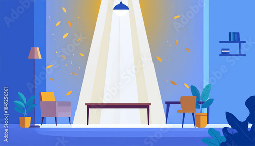 Flat-style illustration of a room with furniture, indoor plants, and light streams, in shades of blue and yellow