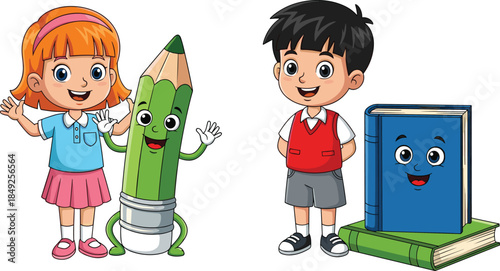 Cartoon children with smiling school supplies, educational theme, pencil and book characters, flat vector illustration, fun learning design for kids