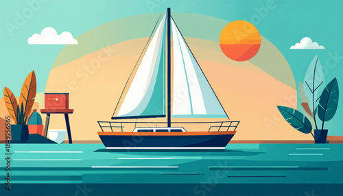 Flat-style illustration of a sailboat at sea near land with plants and a setting sun, in muted color palette