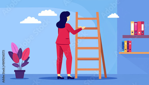 Flat-style illustration of a woman ascending a ladder against a blue sky with clouds, plant, and shelves
