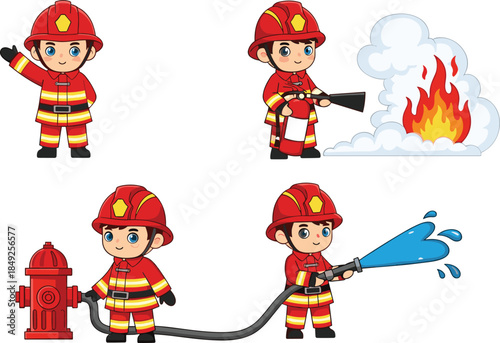 Cartoon firefighter in action, using hose and extinguisher, connecting hydrant, waving hand, flat vector illustration, emergency rescue character design