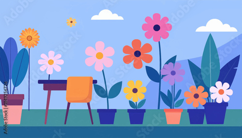 Flowers in pots, desk and chair, against a sky backdrop with clouds, depicted in a colorful, cartoon style
