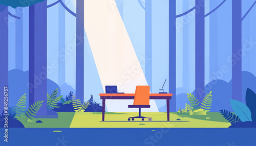 Forest office desk and chair sit bathed in sunlight amid trees