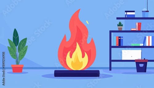 Cartoon illustration of a stylized fire in a room setting, plants, bookshelf