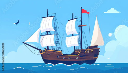 Cartoon illustration of a tall sailing ship on the ocean against a sunny blue sky