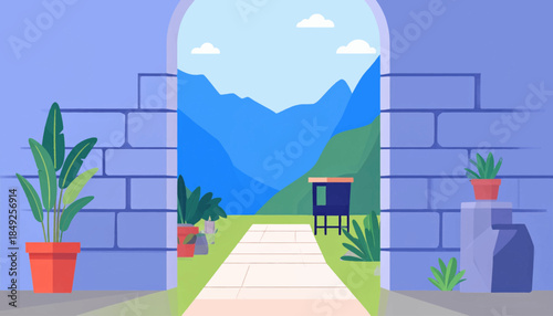 Cartoon illustration of a tranquil scene through a stone archway with mountains and lush greenery