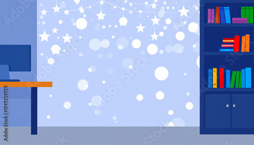 Cartoon illustration of an office interior scene with a desk, computer, and filled blue bookshelf