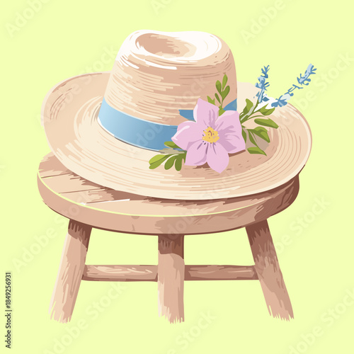 Classic straw sun hat with purple flowers resting on a rustic wooden stool in nature setting