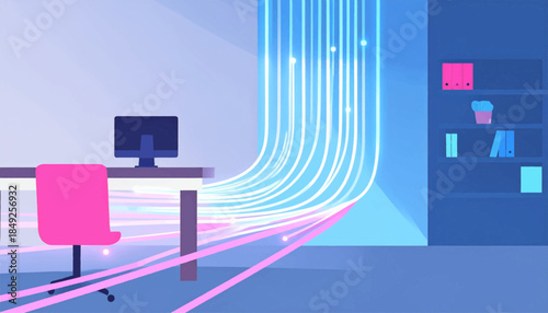 Cartoon illustration of a workplace showing light streams, a desk, chair, computer and a bookcase