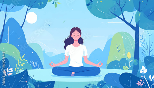 Cartoon illustration of a woman meditating in a stylized, serene, monochromatic blue landscape