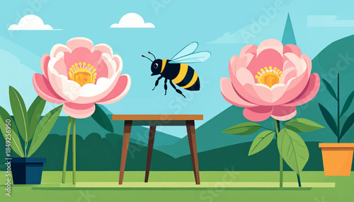 Cartoon illustration of bee flying towards a pink flower, above a table, set against an outdoor background