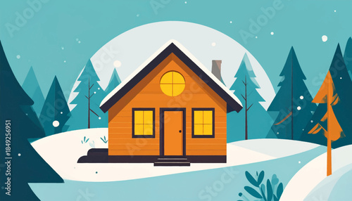 Cartoon illustration of an orange cabin, set in snowy forest. Wintery, calm, and flat design