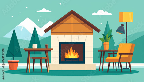 Cartoon illustration of cozy interior with a fireplace, furniture, plants and landscape scenery on the background