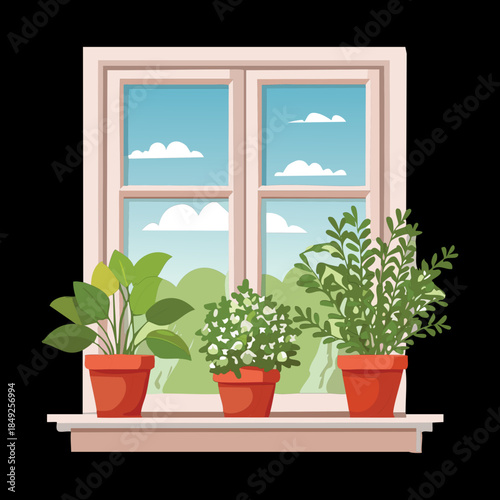 Potted green house plants growing on a wooden window sill overlooking a lush nature garden