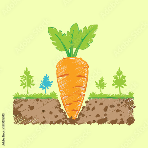 Large healthy carrot growing in the underground soil showing the root development in nature