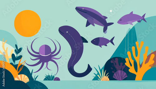Cartoon illustration of marine life featuring fish, octopus, sun, seaweed, & a stylized eel in a teal background