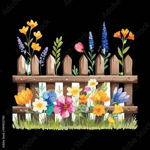 Beautiful blooming colorful wildflowers growing along a rustic wooden fence in a summer nature garden setting