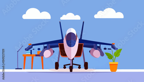 Cartoon image of a toy airplane, desk, plant, and chair, set against a light blue sky with three white clouds