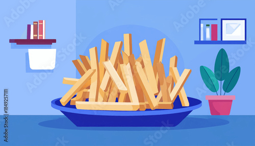 Cartoon image of fries in a bowl, bookshelves and a plant on a blue background, in a flat vector style