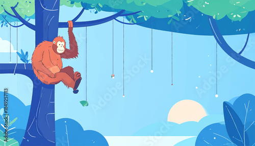 Cartoon image shows an orangutan hanging from a tree branch in a blue shaded, stylized jungle setting