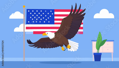 Cartoon image with a soaring eagle against an American flag with plant, dresser and clouds