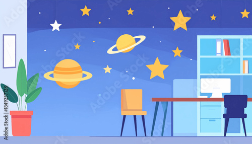 Cartoon indoor scene of a workspace with planets, stars, desk, chairs, bookshelf, and plant in a pot