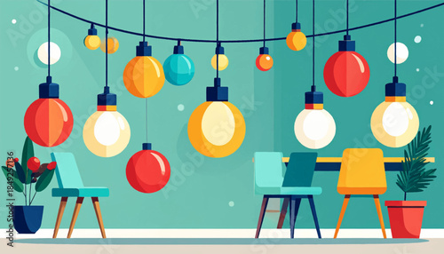 Cartoon indoor setting with string lights, chairs, potted plants and simple table against teal background