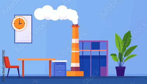 Cartoon industrial scene with an interior office space and exterior factory, depicted in simple geometric shapes