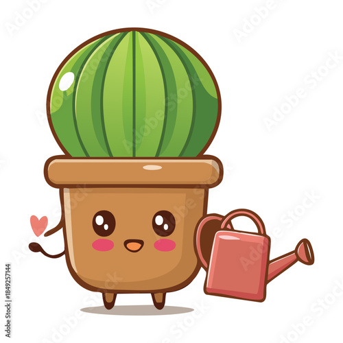 Adorable cactus character in a terracotta pot with a small watering can for nature lovers
