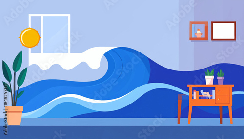 Cartoon interior featuring a stylized wave design, furniture, and plants, creating a calm and inviting atmosphere