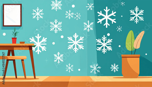 Cartoon interior of room with table, chair, plants, light blue wall covered with snowflakes