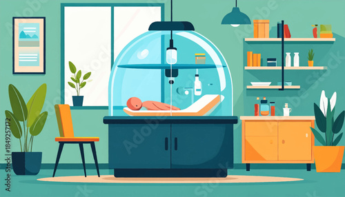 Cartoon interior scene with figure in futuristic bubble pod, plants, and furniture in a green hued room