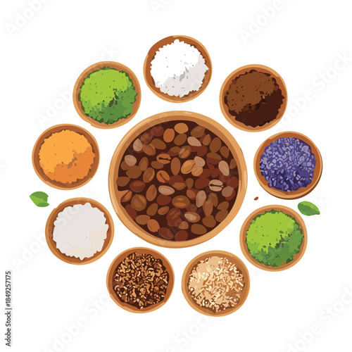 Circular arrangement of different seeds grains and natural spices in wooden bowls for nature lifestyle
