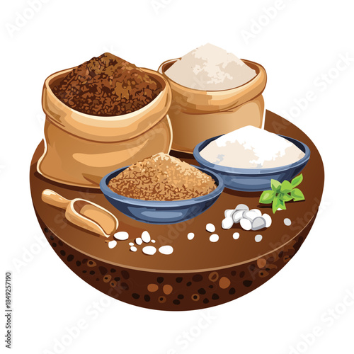 Variety of organic grains seeds and spices in rustic burlap sacks and bowls for nature cooking