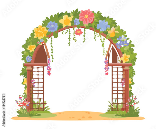 Elegant garden trellis archway adorned with various spring flowers and green leaves for a nature park entrance