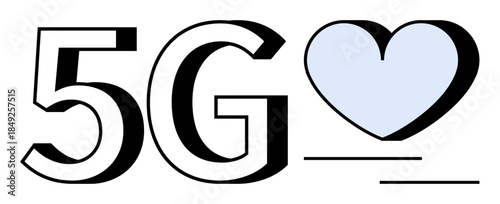 Telecommunications, innovation, mobile networks, connectivity, technology expansion, global interaction. The number 5G and a heart icon. Telecommunications and innovation as a visual concept